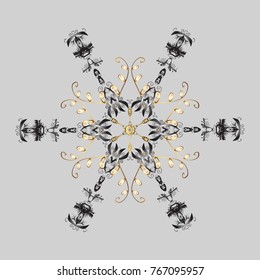 Vector illustration with gray and yellow isolated snowflakes. Symbol of winter. Isolated watercolor snowflakes on gray and yellow colors. Beautiful decoration.