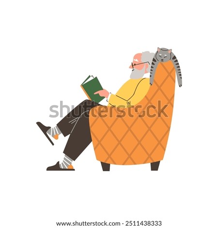 Vector illustration of gray-haired grandfather reading a book while a gray cat is dozing sweetly. Leisure time of elderly people with pets. Flat style with side view on isolated background.
