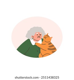 Vector illustration of gray-haired granny with ginger cat. Close-up characters in round frame. Senior with pets. Leisure activities of elderly people with pets. Flat style.