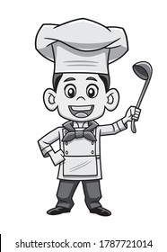 Vector illustration, in grayscale, of a character in a cartoon style. The character is a kid wearing chef uniform, standing, smiling and holding a wooden ladle with one hand.