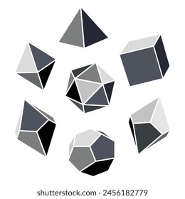 Vector illustration of grayscale dice for DND role playing games with four, six, eight, twelve and twenty sides. Dice for the game Dungeons and Dragons in grayscale on white background.