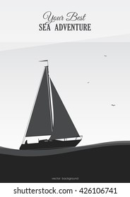 Vector illustration: Grayscale marine background with Silhouette of yacht.