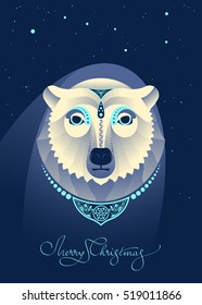 Vector illustration - Great Bear constellation and polar bear wearing celtic jewellery with Merry Christmas calligraphy