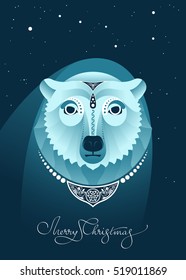 Vector illustration - Great Bear constellation and polar bear wearing celtic jewellery with Merry Christmas calligraphy
