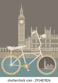 Vector illustration of the Great Bell of the clock at the north end of the Palace of Westminster  and vintage bicycle. Vector image about Travel & Healthy Lifestyle