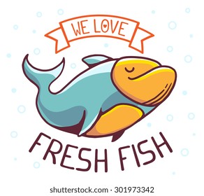 Vector illustration of great blue green fish with title we love fresh fish on white background with bubbles. Hand drawn line art design for web, site, advertising, banner, poster, board and print. 