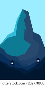 Vector Illustration of a great blue mountain with double hut. Can be used for background, web, print, and many more.