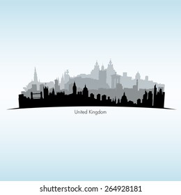 Vector illustration of Great Britain. Black silhouette of English cites skylines