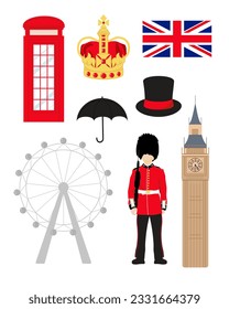 Vector illustration of Great Britain. Stickers. United Kingdom flag, crown, top hat, Red telephone box, black Umbrella, London Eye, Elizabeth Tower, Big Ben, Footsoldier