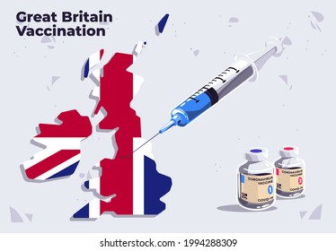 Vector illustration of Great Britain vaccination template medical syringe on the map of Great Britain with glass vials of COVID-19 vaccine, inject in Great Britain, flag of Great Britain
