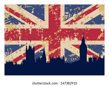 vector illustration of Great Britain's Flag and London silhouette