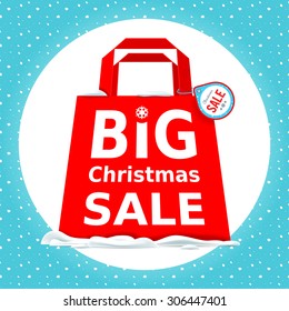 Vector illustration. Great Christmas sale. Holiday Sale with big red shopping bag on a white background.