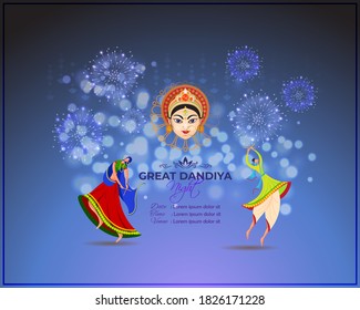 Vector illustration of Great Dandiya Night, two people playing dandiya, Goddess Durga face, Indian festival celebration, colorful fireworks, Navratri banner template.
