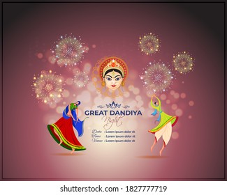 Vector illustration of Great Dandiya Night, two people playing dandiya, Goddess Durga face, Indian festival celebration, colorful fireworks, Navratri banner template.