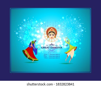 Vector illustration of Great Dandiya Night, two people playing dandiya, Goddess Durga face, Indian festival celebration, colorful fireworks, Navratri banner template.