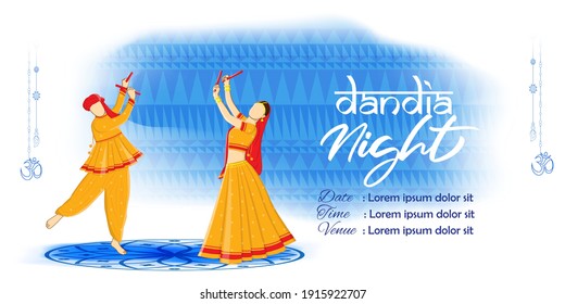Vector illustration of Great Dandiya Night, two people playing dandiya, Goddess Durga face, Indian festival celebration, colorful fireworks, Navratri banner template.