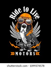 Vector illustration with Great Dane Dog in a biker glasses and orange helmet on a black background. Ride to live - lettering quote. Inspiration poster, emblem design, hand drawn style t-shirt print.