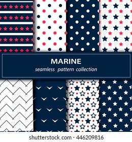 Vector illustration. Great independence Day! The 4th of July. Set American backgrounds. Collection of seamless patterns in red, blue and white colors. Stars, stripes, zigzags.