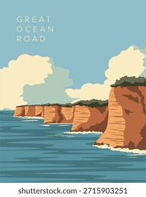 Vector illustration. Great Ocean Road, Australia. Poster, banner, postcard, cover. Tourism, travel.