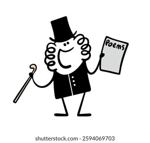 Vector illustration of the great Russian poet Alexander Pushkin reading poetry. Funny vintage character with a cane and a top hat, delighted with sideburns. Isolated on white background.