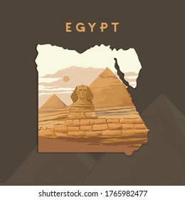 Ilustración vectorial de la Gran Esfinge en Giza inscrita en el mapa de Egipto con las pirámides de Egipto.