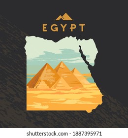 Ilustración vectorial de la Gran Esfinge en Giza inscrita en el mapa de Egipto con las pirámides de Egipto.