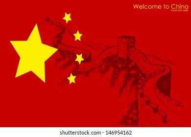 vector illustration of the Great wall of China against China flag background