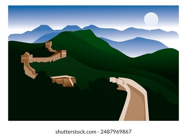 
vector illustration of the great wall of china from a height, with a panorama of green mountains complete with blue sky behind it.