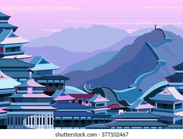 vector illustration of Great wall of China with buildings