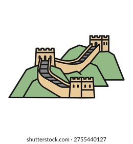 Vector illustration of the Great Wall icon representing Chinese historic heritage in flat design style with uniform stroke.