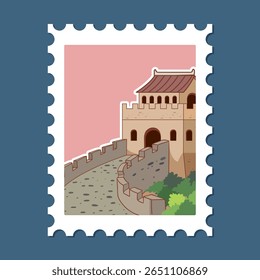 Ilustração vetorial da Grande Muralha em um selo postal. Apresenta cores pastel, linhas limpas e um estilo minimalista