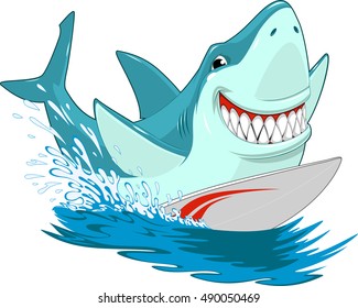 Vector illustration of a great white shark fun riding a surfboard