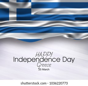 Vector illustration of Greece Happy Independence Day 25 March. Waving flags isolated on gray background.