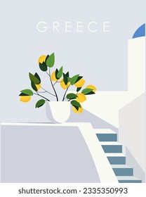 Ilustración vectorial. Grecia, Mykonos. Diseño para afiches, postales de viaje, volante de viaje, diseño de paquetes. Rama de limón.