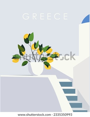 Vector illustration. Greece, Mykonos. Design for poster, travel postcard, travel flyer, package design. Lemon branch.