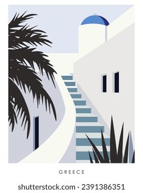 Vector illustration. Greece, Santorini. House, palm leaves. Design for poster, banner, travel postcard. Tourism, travel.