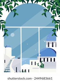 Vektorillustration. Griechenland, Santorin. Poster-Design, Reise-Postkarte. Banner, Tourismus, Reisen. Modernes Design.