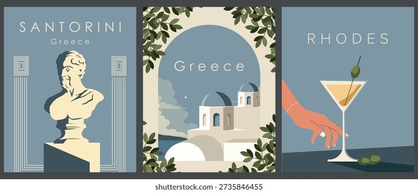 Vector illustration. Greece, set of posters, banners, postcards, Greek culture. Retro style.