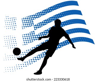 vector illustration of greece soccer player silhouette against national flag isolated on white