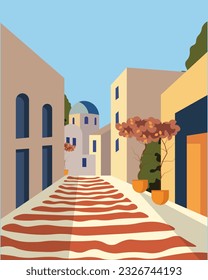 Vector illustration. Greece street, houses, design for posters, banners, travel postcards.