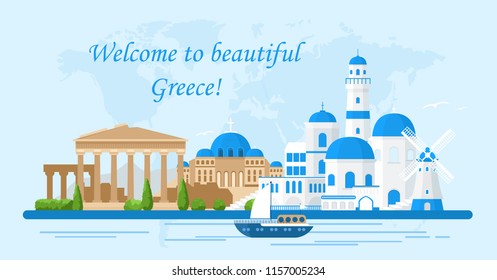 Vector illustration of Greece travel concept. Welcome to Greece. Santorini buildings, Acropolis and temple icons. Tourism banner in bright colors and flat cartoon style.