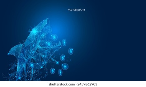 Ilustración vectorial. Tiburón codicioso, diseño Tiburón devorando dinero, monedas. Criptomoneda, dinero digital, trading, inversión y concepto de préstamo. antecedentes de inversión Abstractas