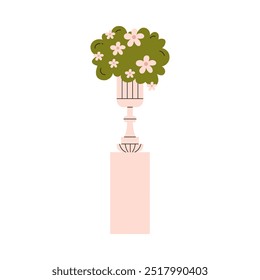 Ilustração vetorial de uma coluna grega com um pote e flores em um fundo isolado. Este elemento é adequado para decoração em um local de casamento. Design de estilo plano.