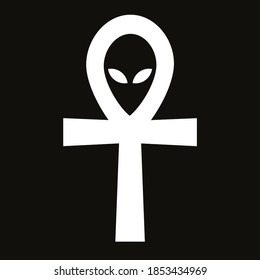 Vector illustration of a Greek cross with the face of an alien. Christian religious symbol.