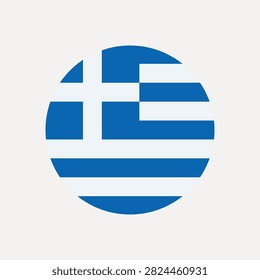 Vector illustration of the Greek flag in a circular design. Blue and white stripes with a cross, symbolizing Greece's national emblem.