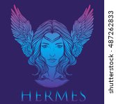 Vector illustration of the Greek god Hermes in the form of a woman. The girl goddess, Mercury with wings. goddess logo. Hand-drawn vintage linear tattoo design. Isolated vector art.