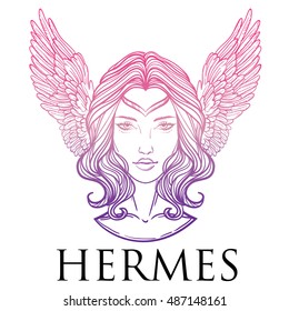 Vector illustration of the Greek god Hermes in the form of a woman. The girl goddess, Mercury with wings. Hand-drawn vintage linear tattoo design. Isolated vector art.