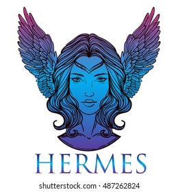 Vector illustration of the Greek god Hermes in the form of a woman. The girl goddess, Mercury with wings. goddess logo. Hand-drawn vintage linear tattoo design. Isolated vector art.