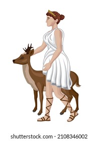 Vector illustration of the Greek goddess Artemis with a deer