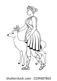 Vector illustration of the Greek goddess Artemis with a deer